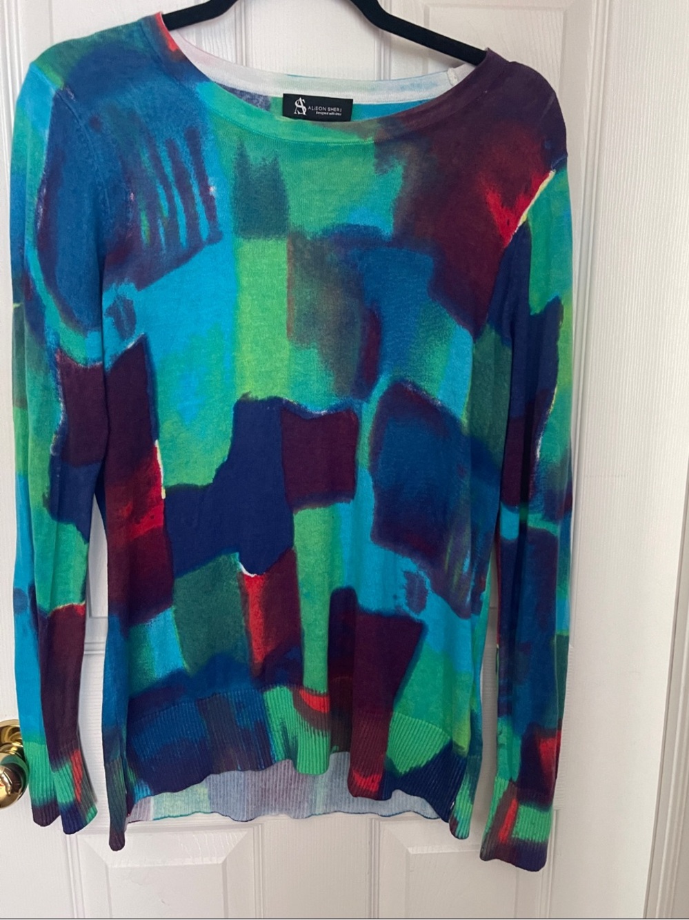 Alison Sheri Multicolor Abstract Crewneck Sweater - Green/Blue/Purple
